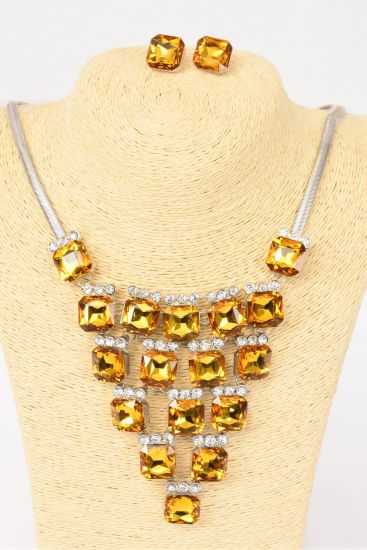 Necklace Sets Fancy Octagon Glass Rhinestones Amber / Set Amber , Post , 18" Long Extension Chain , Velvet Display Card & OPP Bag & UPC Code