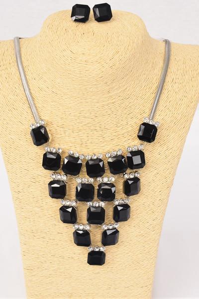 Necklace Sets Fancy Octagon Glass Rhinestone / Set Post , 18" Extension Chain , Velvet Display Card & OPP Bag & UPC Code , Choose Colors