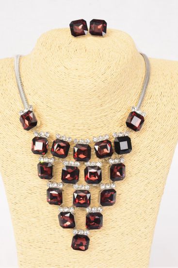 Necklace Sets Fancy Octagon Glass Rhinestones Purple / Sets  Purple , Post , 18" Long Extension Chain , Velvet Display Card & OPP Bag & UPC Code 