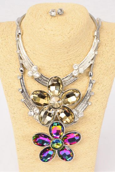 Necklace Sets Chain w Large Rhinestone Flower Pendant / 12 pcs Sets = Dozen Flower Size - 3" Wide , Extension Chain , Choose Colors , Black Velvet Display Card & OPP Bag 