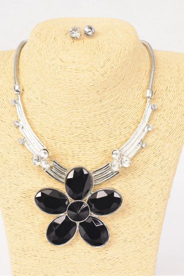 Necklace Sets Chain Large Rhinestone Flower Pendant Black / sets Black , 18" Extension Chain , Flower Size - 3" Wide , Black Velvet Display Card & OPP bag & UPC Code
