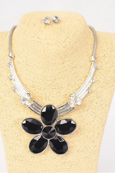 Necklace Sets Chain w Large Rhinestone Flower Pendant / 12 pcs Sets = Dozen Flower Size - 3" Wide , Extension Chain , Choose Colours , Black Velvet Display Card & OPP Bag & UPC Code 