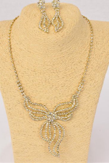 Necklace Sets Flower Gold Clear Rhinestones / Sets Post , 18" Long Extension Chain , Black Velvet Display Card & OPP Bag & UPC Code