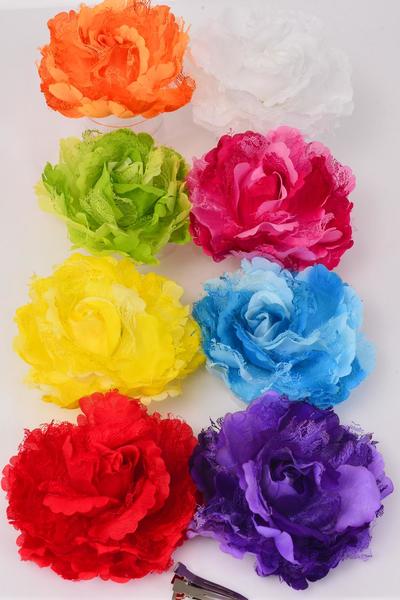 Flower Silk Flower Jumbo Rose Satin Lace Mix Multi / 12 pcs Flower = Dozen Multi , Size - 5" Wide , Alligator Clip & Brooch , 2 Fuchsia , 2 Blue , 2 White , 2 Yellow , 1 Purpl e, 1 Red , 1 Orange , 1 Lime Color Mix