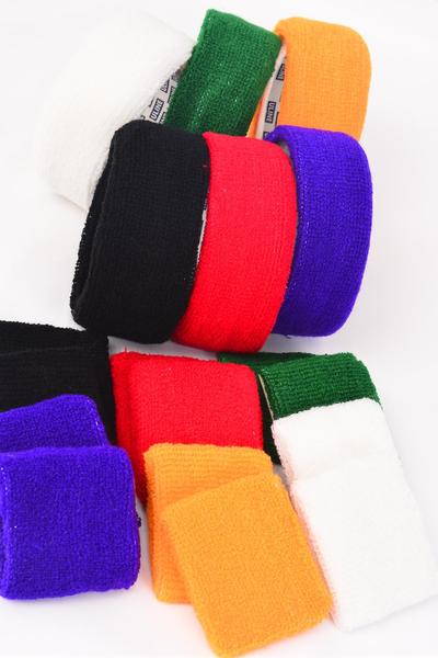 Terry Elastic Sweatband & Wrist Band Sets / 12 sets = Dozen  Head Band- 2" , Wrist Band- 2.5" , 2 of each Color Asst , Individual OPP Bag 