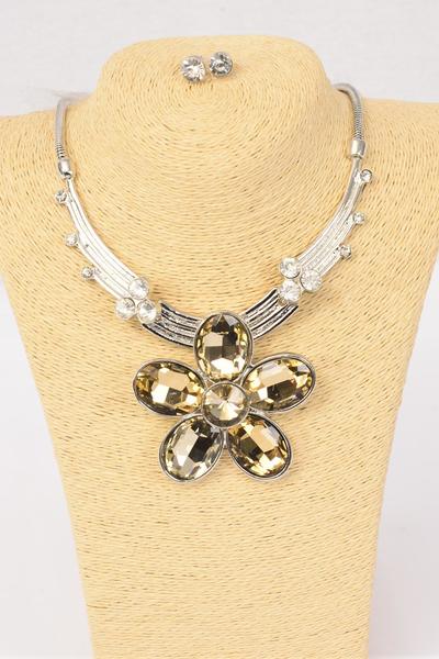 Necklace Sets Chain w Large Rhinestone Flower Pendant / 12 pcs Sets = Dozen Flower Size - 3" Wide , Extension Chain , Choose Colors , Black Velvet Display Card & OPP Bag 