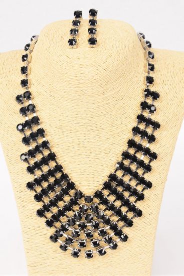 Necklace Sets Rhinestone Black /  Set  Black , Post , 18" Long Extension Chain , Black Velvet Display Card & OPP bag & UPC Code