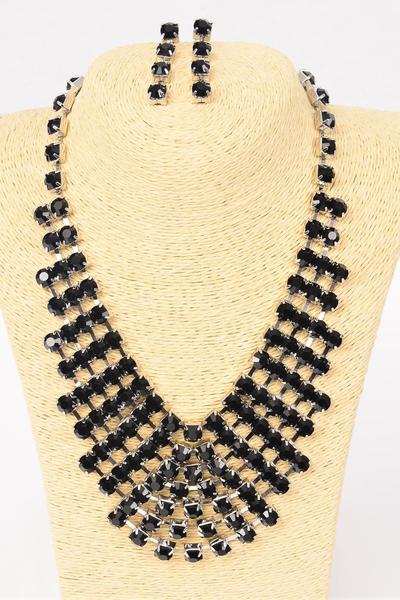 Necklace Sets Rhinestone / Sets Post , 18" W Extension Chain , Choose Colors , Black Velvet Display Card & OPP Bag & UPC Code