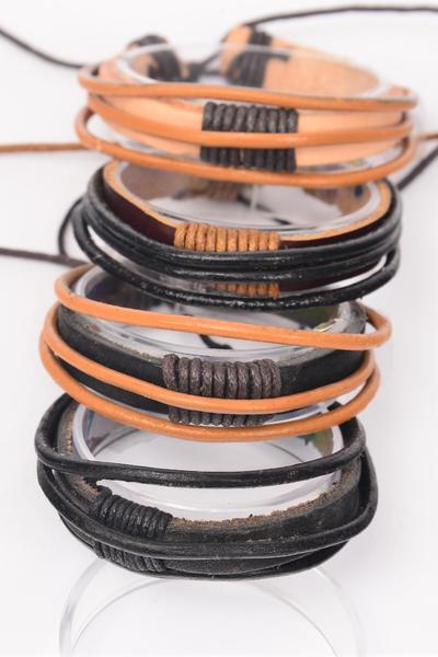 Bracelet Real Leather Band 3 Strand Mix Adjustable / 12 pcs + Dozen Unisex , Adjustable , 3 of each Pattern Asst , Hang Tag & OPP Bag & UPC Code