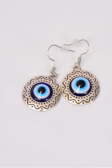 Earrings Metal Antique Blue Venetian Glass Hamsa Evil Eye Good luck And Protection / 12 pair = Dozen Fish Hook , Size - 1"  Wide , Earring Card & OPP Bag & UPC Code