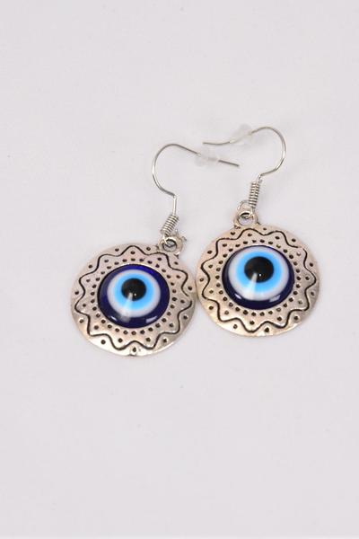 Earrings Metal Antique Blue Venetian Glass Hamsa Evil Eye Good luck And Protection / 12 pair = Dozen Fish Hook , Size - 1"  Wide , Earring Card & OPP Bag & UPC Code