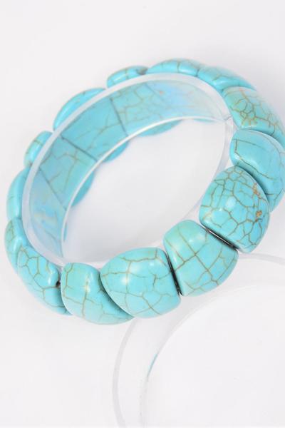 Bracelet Turquoise Hand Carved Real Semiprecious Stones / 12 pcs = Dozen  Stretch , Size - Width 1.25" Dia Wide , Hang Tag & OPP Bag & UPC Code