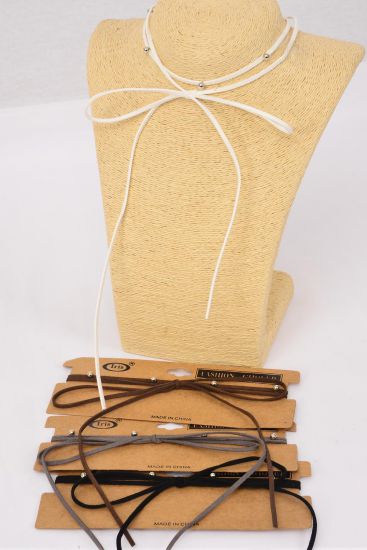 Necklace Faux Suede Cord Wrap Bolo Tie Choker w Silver Bead Studded Multi / 12 pcs = Dozen Color - 3 Black , 3 Brown , 3 Gray , 3 White Color Asst , Display Card & OPP Bag & UPC Code