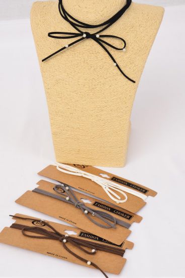 Necklace Faux Suede String Wrap Bolo Tie Choker Pearl Beads Studded Neutral Color Asst / 12 pcs = Dozen Color - 3 Black , 3 - Brown , 3 Gray , 3 White Color Asst , Display Card & OPP Bag & UPC Code
