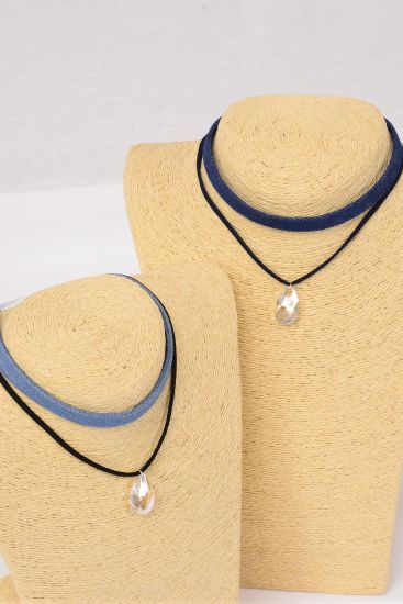 Necklace Choker 2 Strand Black Velvet w Denim Clear Teardrop Pendant / 12 pcs = Dozen Size - 14" Extension Chain , 6 of each Color Asst , Display Card & OPP Bag & UPC Code
