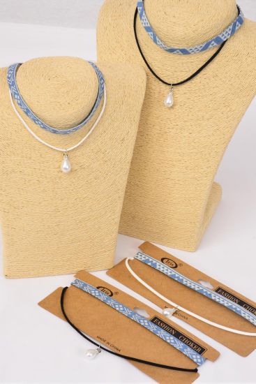 Necklace Choker 2 Strend Denim & Faux Suede Cord Pearl Drop/DZ Size-14" Extension Chain,6 of each Color Asst,Display Card & OPP Bag & UPC Code