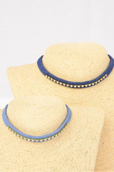 Necklace Choker Denim Rhinestones / 12 pcs = Dozen Size -14" Extension Chain , 6 of each Color Asst , Display Card & OPP Bag & UPC Code
