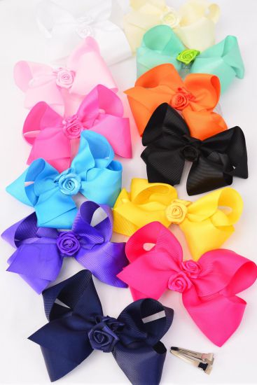 Hair Bow Jumbo Satin Roses Alligator Clip Grosgrain Bow-tie Multi / 12 pcs Bow = Dozen Alligator Clip , Size - 6" x 5" Wide ,12 Color Asst , Clip Strip & UPC Code