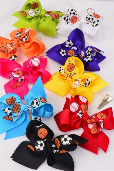 Hair Bow Jumbo Sports Grograin Bow-tie Multi / 12 pcs Bow = Dozen Alligator Clip , Bow - 6" x 5" , 2 Fuchsia , 2 White , 2 Bk  , 1 Lime , 1 Orange , 1 Blue , 1 Red , 1 Yellow ,1 Purple Mix , Clip Strip & UPC Code