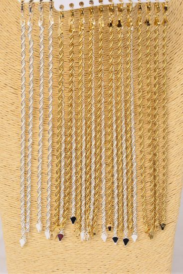 Bracelet Rope Chain 3 mm Wide 8 inches / 12 pcs = Dozen Size - 8" Long , 3 mm Wide , Hang Tag & OPP Bag , Choose gold or silver finishes
