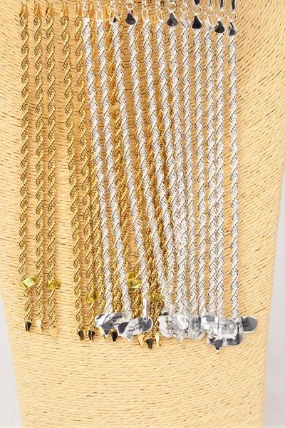 Bracelet Rope Chain 4 mm Wide 8''/DZ Size-8",Hang Card & OPP Bag,Choose color gold silver Finishes