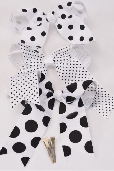 Hair Bow Jumbo Long Tail Polka dots White Grosgrain Bow-tie / 12 pcs Bow = Dozen Alligator Clip , Size - 6.5" x 6",  4 Of Each Pattern Asst , Clip Stip & UPC Code