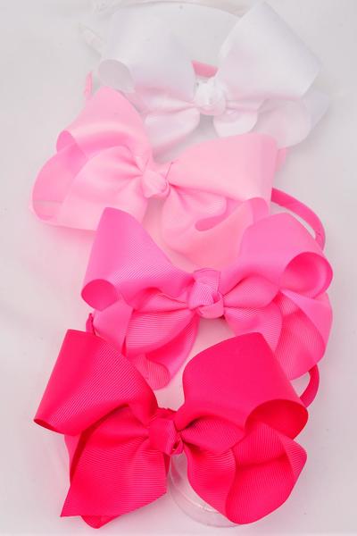 Headband Horseshoe Jumbo Grosgrain Bow-tie Pink Mix / 12 pcs = Dozen Pink Mix , Bow Size - 6" x 5" Wide , 3 Baby Pink , 3 Hot Pink , 3 Fuchsia , 3 White Mix , Hang Tag & UPC Code,Clear Box