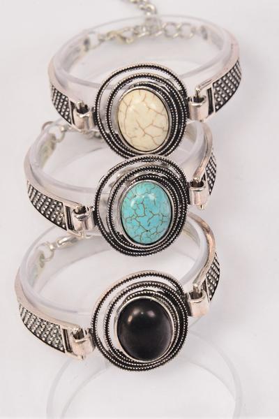 Bracelet Oval Semiprecious Stone / 12 pcs = Dozen  Adjustable Length , Extension Chain , Oval - 1.5" x 1.25" , 4 Black , 4 Ivory , 4 Turquoise Asst , Hang Tag & OPP Bag & UPC Code