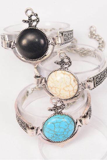 Bracelet Nautical Anchor Semiprecious Stone / 12 pcs = Dozen Match 01085 Adjustable Length , Extension Chain , Anchor - 1.5" x 1.25" Wide , 4 Black , 4 Ivory , 4 Turquoise Asst , Hang Tag & OPP Bag & UPC Code