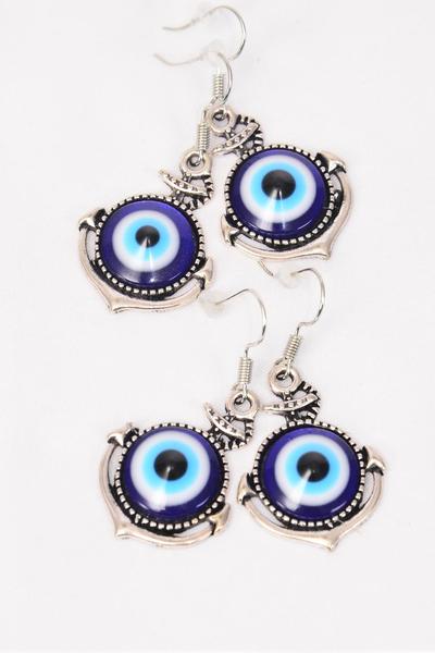 Earrings Metal Antique Blue Venetian Glass Hamsa Evil Eye Nautical Anchor Good luck And Protection / 12 pcs = Dozen Fish Hook , Size - 1"x  0.75" Wide , Earring Card & OPP Bag & UPC Code