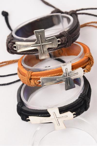 Bracelet Real Leather Band Sideways Cross Silver / 12 pcs = Dozen  Unisex , Adjustable , Cross Size - 1.5" x 0.75" Wide , 4 Of each Pattern Asst , Hang tag & OPP Bag & UPC Code