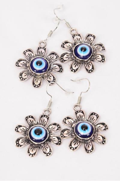 Earrings Metal Antique Blue Venetian Glass Hamsa Evil Eye Good luck And Protection/DZ **Fish Hook** Size-1.5"x 1" Wide,Earring Card & OPP Bag & UPC Code