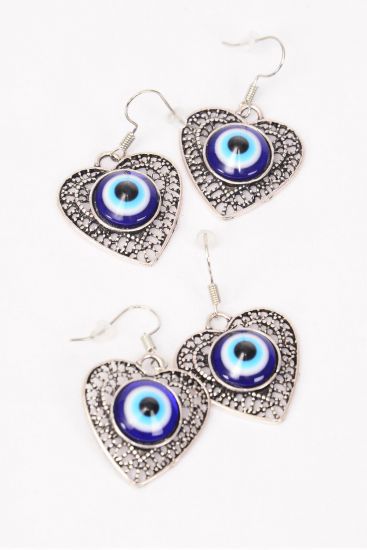 Earrings Metal Antique Blue Venetian Glass Hamsa Evil Eye heart Good luck And Protection/DZ **Fish Hook** Size-1"x 1" Wide,Earring Card & OPP Bag & UPC Code