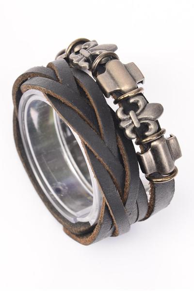 Bracelet Braid Leather Stacked W Flue Delis Black / PC Unisex , Adjustable , Black , Size-7.5"x 8.25" Wide , Hang tag & OPP Bag & UPC Code