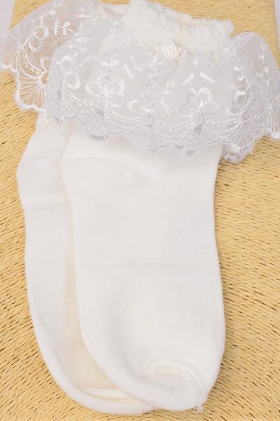 Socks Girls Lace Socks W Spandex White Large / 12 pair = Dozen White , Size - Large , Good Quality , w Display Card