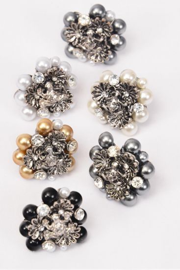 Rings Cluster Pearls Daisy Flowers Center Frog / 12 pcs = Dozen Adjustable , Face Size -1.25" Wide ,4 Gray , 2 White , 2 Cream , 2 Black , 2 Gold Pearl Mix ,1DZ Velvet Ring Display Box & OPP bag & UPC Code 