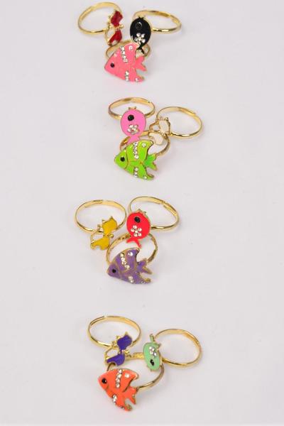 Rings 36 pcs Enamel Tropical Fish w Clear Diamond Ring / 36 pcs Rings = Disply Adjustable , 2 Of Each Color Asst , Velvet Ring Display Window Box & OPP bag & UPC Code 