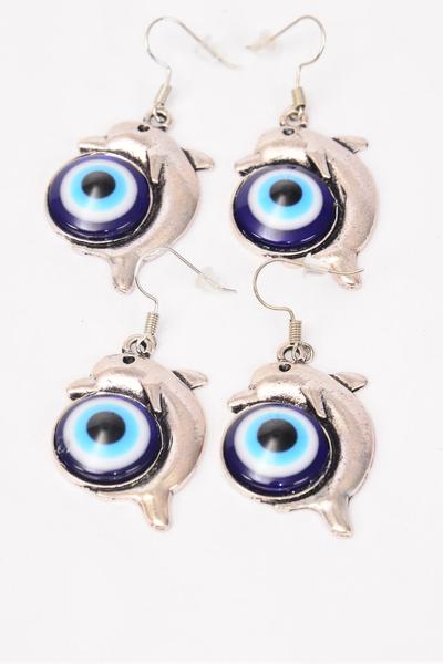 Earrings Metal Antique Blue Venetian Glass Hamsa Evil Eye Dolphin Good luck And Protection/DZ **Fish Hook** Size-1.25"x 1" Wide,Earring Card & OPP Bag & UPC Code