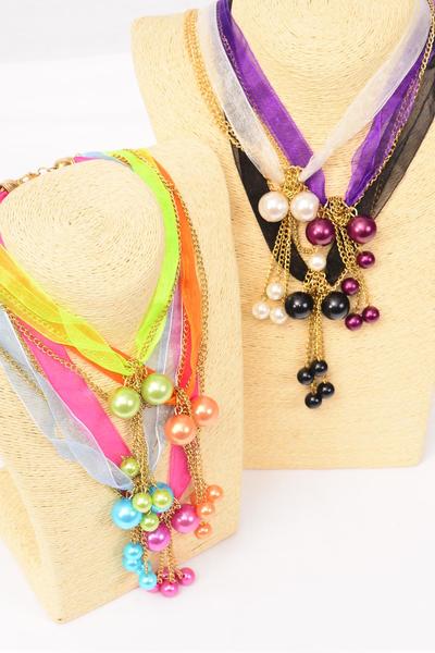 Necklace Gold Chain Chiffon Fabric Mix Pearl Drops / 12 pcs = Dozen Size-18" Extension Chain , 2 White , 2 Black , 2 Fuchsia , 2 Purple , 2 Blue , 1 Lime , 1 Orange Color Asst , Hang Tag & Opp Bag & UPC Code