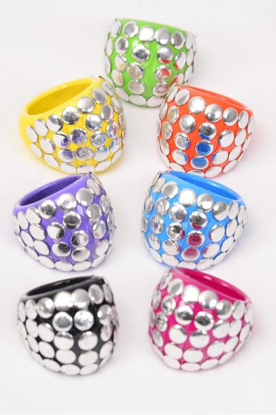 Rings Acrylic Dome Shape Silver Studded multi/DY/DZ Size - With 1" Wide , 2 Black , 2 Fuchsia , 2 Blue , 2 Lavender , 2 Yellow , 1 Lime , 1 Orange Color Mix , Size - 6 7 8 9 Pr Mix