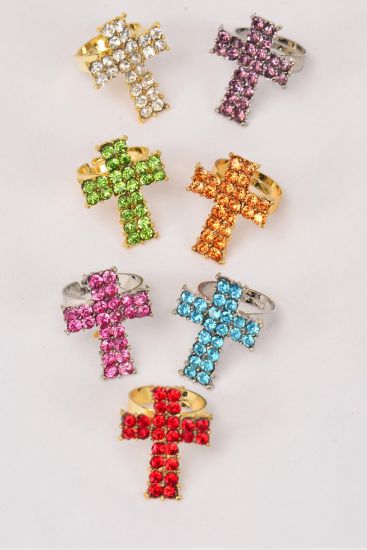 Rings Cross Metal Gold Silver Mix w Color Rhinestones / 12 pcs = Dozen Adjustable , Cross Size - 1.5" x 1" Wide , 2 Red , 2 Clear , 2 Blue , 2 Purple , 2 Fuchsia , 1 Yellow ,1 Lime Color Asst .