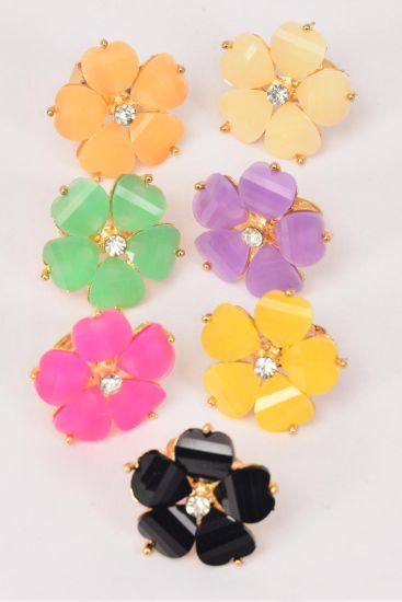 Rings Acrylic Flower Adjustable / 12 pcs = Dozen Adjustable , Flower Size - 1.25" Wide , 2 Black , 2 Pink , 2 Lavender , 2 Ivory , 2 Green , 1 Yellow , 1 Peach Color Asst.