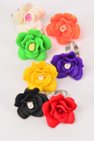 Rings Clay Rose Hand Paint Multi / 12 pcs = Dozen Adjustable , Flower Size-1" Wide , 2 Black , 2 Red , 2 Yellow , 2 Purple , 2 Orange , 1 White , 1 Green Color Asst 