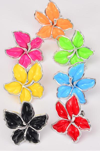 Rings Flower Daylily Multi Silver Trim Aloha / 12 pcs = Dozen  Adjustable , Size - 1.75" Wide , 2 Red , 2 Black , 2 Fuchsia , 2 Lime , 2 Yellow , 1 Orange , 1 Blue Color Asst
