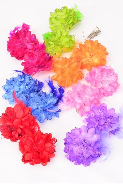 Flowers 24 pcs Lace & Feathers & Bead String Multi / 24 pcs Flower = Dozen  Alligator Clip , Size - 2.75" , 2 Red , 2 Purple , 2 Pink , 2 Orange , 2 Lime , 1 Blue ,1  Fuchsia Color Asst , Display Card & UPC Code , Clear Box