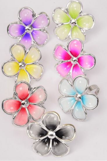 Rings Aloha Poly Flower 2 Tones Multi / 12 pcs = Dozen Adjustable , Flower Size - 1.5" Wide , 2 Fuchsia , 2 Purple , 2 Yellow , 2 Blue , 2 Black , 1 Red , 1 Lime Color Mix