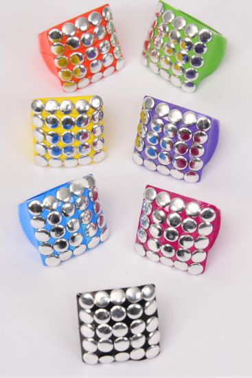 Rings Acrylic Square Silver Studded Multi / 12 pcs = Dozen  Size - With 1" Wide , 2 Black , 2 Fuchsia , 2 Blue , 2 Lavender , 2 Yellow , 1 Lime , 1 Orange Color Mix , Size - 6 7 8 9 Pr Mix