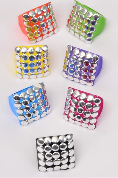 Rings Acrylic Square Silver Studded Multi / 12 pcs = Dozen  Size - With 1" Wide , 2 Black , 2 Fuchsia , 2 Blue , 2 Lavender , 2 Yellow , 1 Lime , 1 Orange Color Mix , Size - 6 7 8 9 Pr Mix