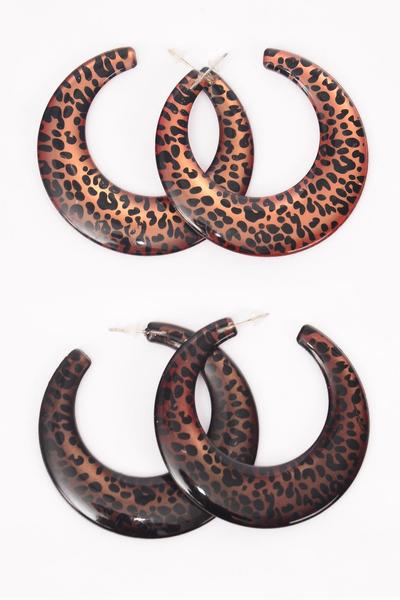 Earrings Poly Loop Leopard Print Post / 12 pair = Dozen Post , Size - 2.25" Wide , 6 Of each Pattern Asst , Earring Card & OPP Bag & UPC Code