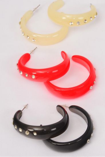 Earrings Acrylic Hoop Clear Rhinestones Red White Black Mix / 12 pair = Dozen  Post , Size - 1.75" Wide , 4 Red , 4 Ivory , 4 Black Mix , Earring Card & OPP bag & UPC Code
